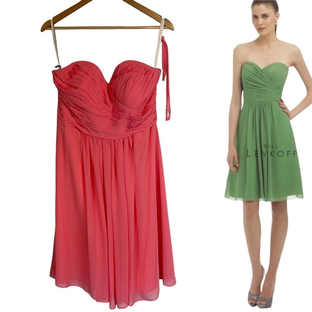 Bill Levkoff 323 Chiffon Strapless Cocktail Formal Dress Coral Size 12 NWT
